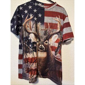 American Flag Red White Blue with Deer Short Sleeved T Shirt Men's Size XL